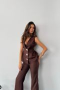 KETEN GOLD DÜĞMELİ YELEK - PANTOLON TK - Kahverengi resmi